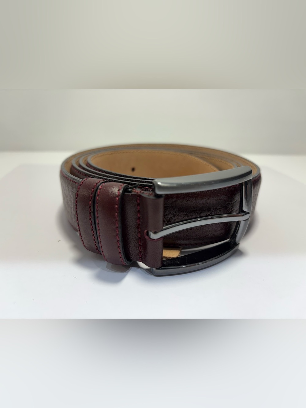 Men's Burgundy Leather Belt with Silver Buckle